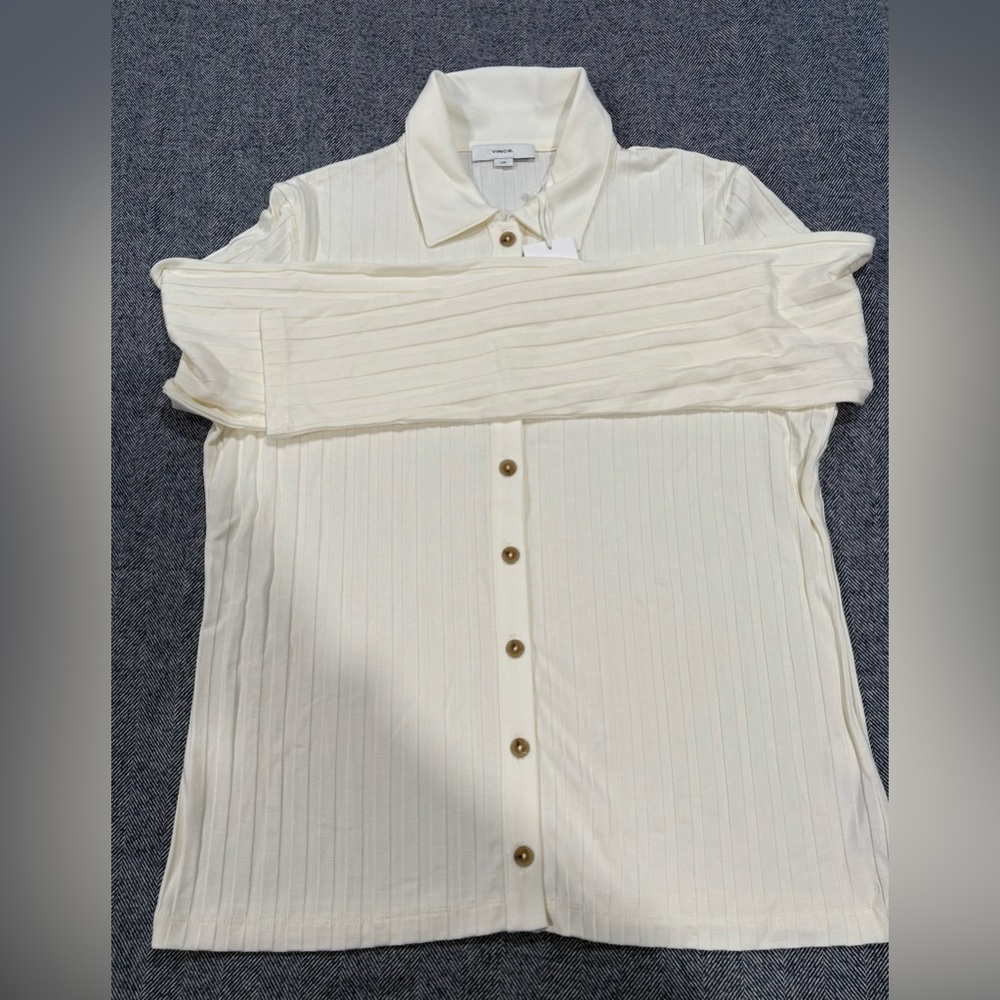 Vince Ribbed Collared Long-Sleeve Button-Front Top | color: vanilla | size: L - Picture 3 of 8